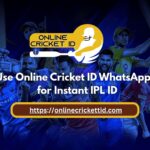 Promotional banner for “Online Cricket ID” featuring several professional cricket players in action poses against a dark blue stadium-style background. At the top is a yellow logo with a batsman silhouette and the text “ONLINE CRICKET ID.” Large white text reads: “Safe to Use Online Cricket ID WhatsApp Number for Instant IPL ID.” At the bottom, a highlighted website link appears: https://onlinecricketid.com .