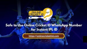 Promotional banner for “Online Cricket ID” featuring several professional cricket players in action poses against a dark blue stadium-style background. At the top is a yellow logo with a batsman silhouette and the text “ONLINE CRICKET ID.” Large white text reads: “Safe to Use Online Cricket ID WhatsApp Number for Instant IPL ID.” At the bottom, a highlighted website link appears: https://onlinecricketid.com .