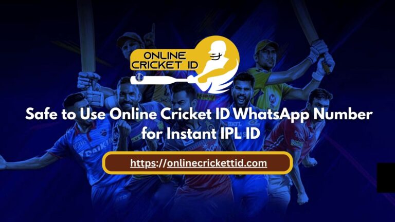 Promotional banner for “Online Cricket ID” featuring several professional cricket players in action poses against a dark blue stadium-style background. At the top is a yellow logo with a batsman silhouette and the text “ONLINE CRICKET ID.” Large white text reads: “Safe to Use Online Cricket ID WhatsApp Number for Instant IPL ID.” At the bottom, a highlighted website link appears: https://onlinecricketid.com .