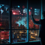 Businessman pressing virtual digital interface button with global map, data analytics charts, and business growth dashboard