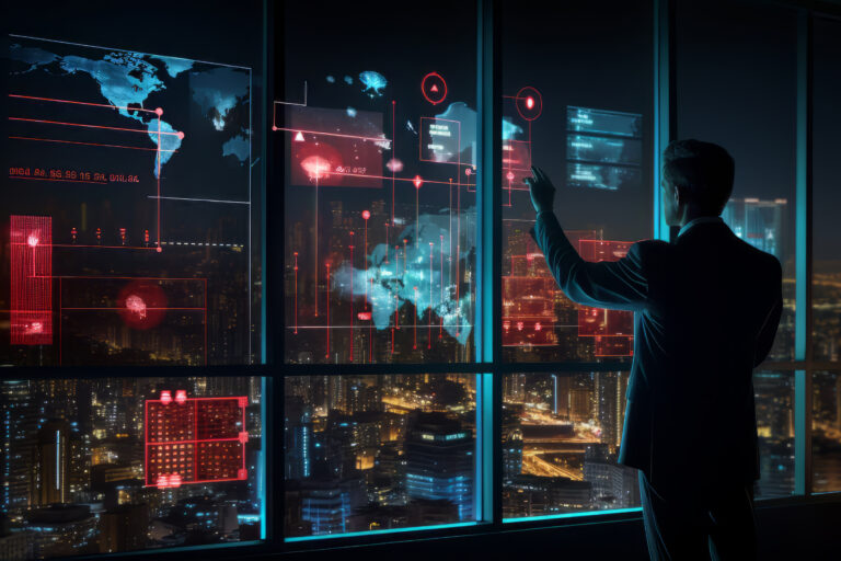 Businessman pressing virtual digital interface button with global map, data analytics charts, and business growth dashboard