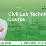 Smiling man in a lab coat with arms crossed stands against a green background promoting a "Civil Lab Technician Course." Contact details are below.