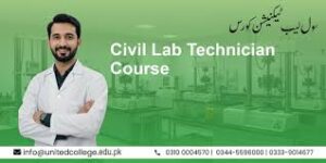 Smiling man in a lab coat with arms crossed stands against a green background promoting a "Civil Lab Technician Course." Contact details are below.