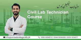 Smiling man in a lab coat with arms crossed stands against a green background promoting a "Civil Lab Technician Course." Contact details are below.