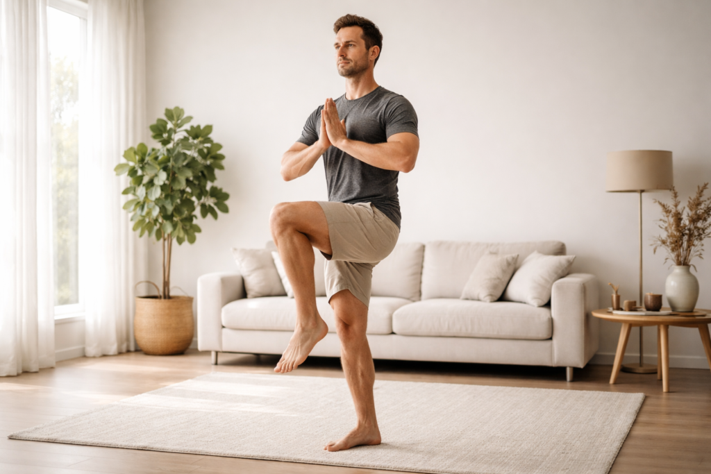 Adult man performing a single‑leg balance exercise indoors, demonstrating stability, control, and performance health in a calm, modern home setting.