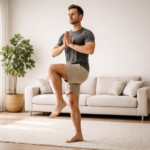 Adult man performing a single‑leg balance exercise indoors, demonstrating stability, control, and performance health in a calm, modern home setting.