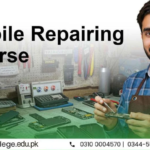 A man holds mobile phone parts at a workbench with tools, promoting a Mobile Repairing Course with contact details and a college logo visible.