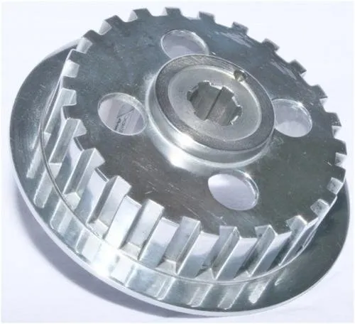 Aluminum die-cast gear wheel with teeth and central hub.