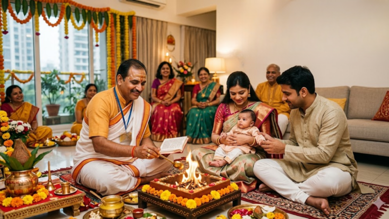 Namkaran Sanskar ceremony at home in Gurgaon with Vedic pandit performing baby naming ritual with family