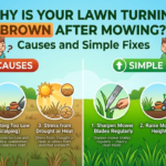 Why is your lawn turning brown after mowing infographic showing common causes like dull mower blades, cutting grass too short, heat or drought stress, and simple fixes such as sharpening blades, raising mowing height, and watering deeply.