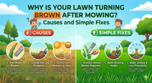 Why is your lawn turning brown after mowing infographic showing common causes like dull mower blades, cutting grass too short, heat or drought stress, and simple fixes such as sharpening blades, raising mowing height, and watering deeply.