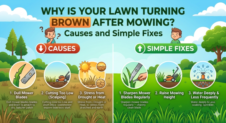 Why is your lawn turning brown after mowing infographic showing common causes like dull mower blades, cutting grass too short, heat or drought stress, and simple fixes such as sharpening blades, raising mowing height, and watering deeply.