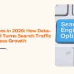 Data-driven SEO services in 2026 concept showing search engine optimization keyboard button and SEO text representing strategies to increase organic traffic and business growth.
