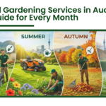 Seasonal gardening services in Auckland showing spring lawn mowing, summer garden care, autumn leaf cleanup, and w inter hedge trimming