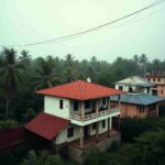 Roof shade for energy efficient homes, featuring a two-story house with a red tiled roof, balcony, and surrounding palm trees in a misty tropical environment.