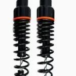 Electric bike front suspension shock absorbers with black coil springs and red ring design on white background