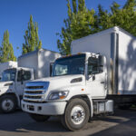 Middle duty day cab rig semi trucks with box trailers standing in row on the warehouse industrial parking lot at sunny day