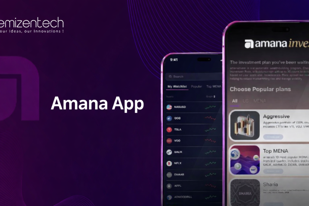 Amana App interface with EmizenTech branding