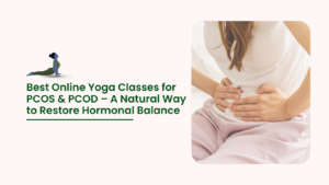 Woman holding her lower abdomen with PCOS pain concept – best online yoga classes for PCOS and PCOD hormonal balance.