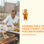 Arya Samaj pandit performing Bhoomi Poojan ritual with havan kund at construction site in Gurgaon