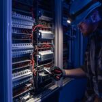 A male electrician works in a switchboard in overalls against the backdrop of emergency lighting.