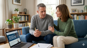 Couple discussing erectile dysfunction treatment with Zenegra 100 MG while checking information on a laptop at home