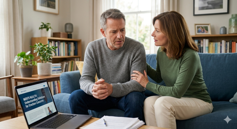 Couple discussing erectile dysfunction treatment with Zenegra 100 MG while checking information on a laptop at home