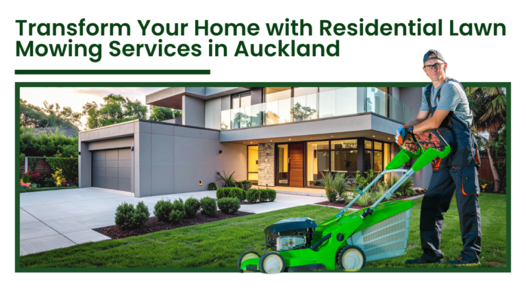 Residential lawn mowing service in Auckland with professional gardener mowing grass outside a modern home garden