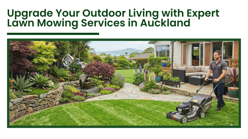 Professional lawn mowing services in Auckland creating a lush green garden with a landscaped backyard and a man mowing the lawn
