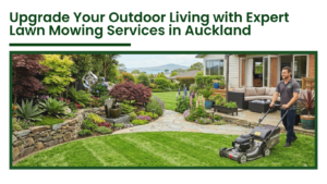 Professional lawn mowing services in Auckland creating a lush green garden with a landscaped backyard and a man mowing the lawn