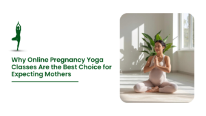 Pregnant woman practicing prenatal yoga at home during online pregnancy yoga class for safe maternity fitness and stress relief.