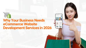 Woman holding smartphone shopping app highlighting eCommerce website development services for business growth in 2026