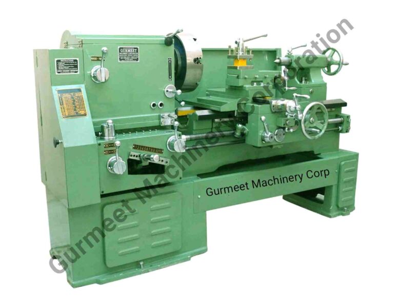 "Heavy duty all geared head lathe machine with hardened bed ways for industrial metal turning."
