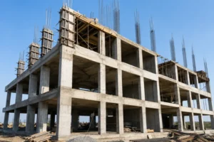 Multi-story reinforced concrete frame building under construction by concrete frame contractors UK, featuring pillars and floor slabs against a clear blue sky.