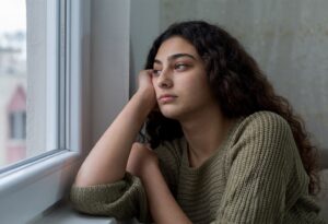 Young woman with curly hair resting her head on her hand while looking out a window with a somber expression.