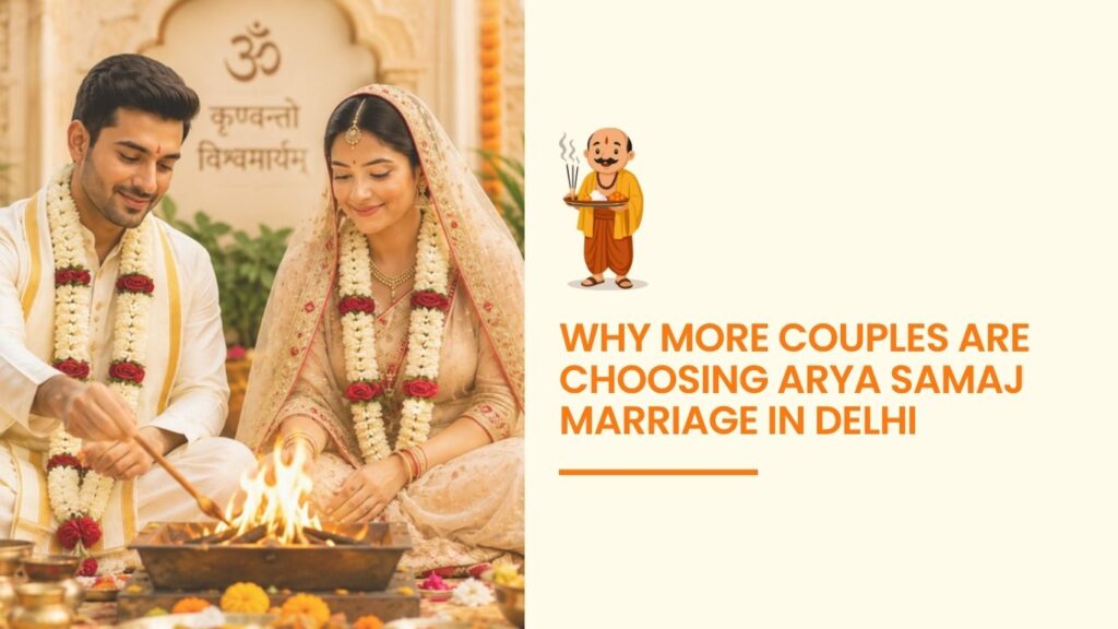 Couple performing Arya Samaj marriage ceremony in Delhi with sacred havan ritual and traditional Hindu wedding attire