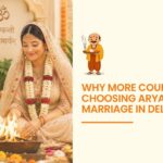 Couple performing Arya Samaj marriage ceremony in Delhi with sacred havan ritual and traditional Hindu wedding attire