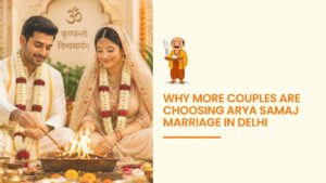 Couple performing Arya Samaj marriage ceremony in Delhi with sacred havan ritual and traditional Hindu wedding attire