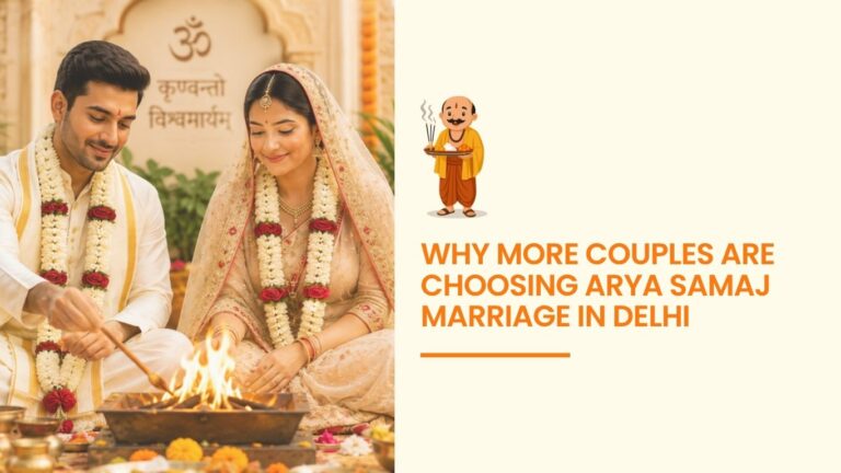 Couple performing Arya Samaj marriage ceremony in Delhi with sacred havan ritual and traditional Hindu wedding attire