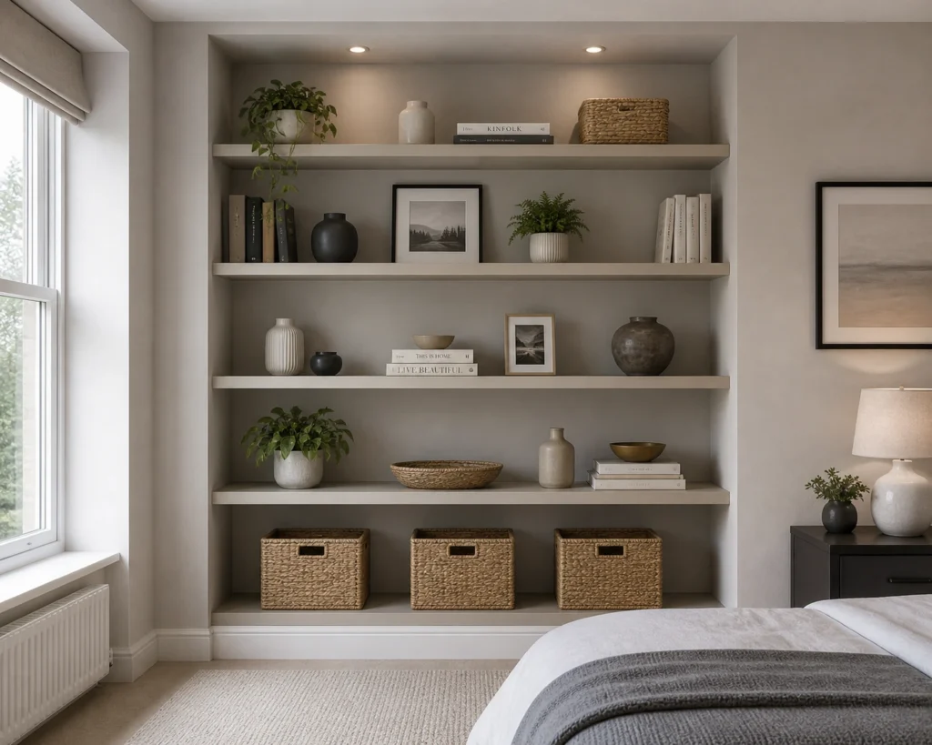 Custom-made built in alcove wardrobes london and integrated open shelving with spotlighting in a minimalist London bedroom, featuring neutral tones and curated decor.