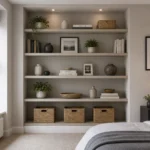Custom-made built in alcove wardrobes london and integrated open shelving with spotlighting in a minimalist London bedroom, featuring neutral tones and curated decor.