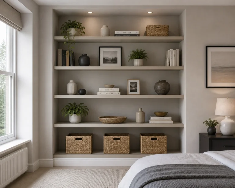 Custom-made built in alcove wardrobes london and integrated open shelving with spotlighting in a minimalist London bedroom, featuring neutral tones and curated decor.