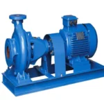 Blue industrial centrifugal water pump with an attached electric motor mounted on a metal base frame.