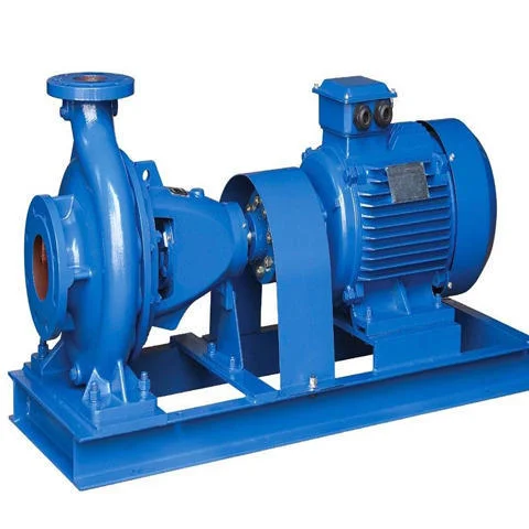 Blue industrial centrifugal water pump with an attached electric motor mounted on a metal base frame.