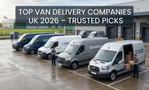 Top van deliveries companies UK aprofessional fleet of vans at a logistics hub for the 2026 trusted picks guide.