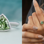 Lab grown green diamond engagement ring with trillion cut green stone in a white gold band worn on a woman’s hand