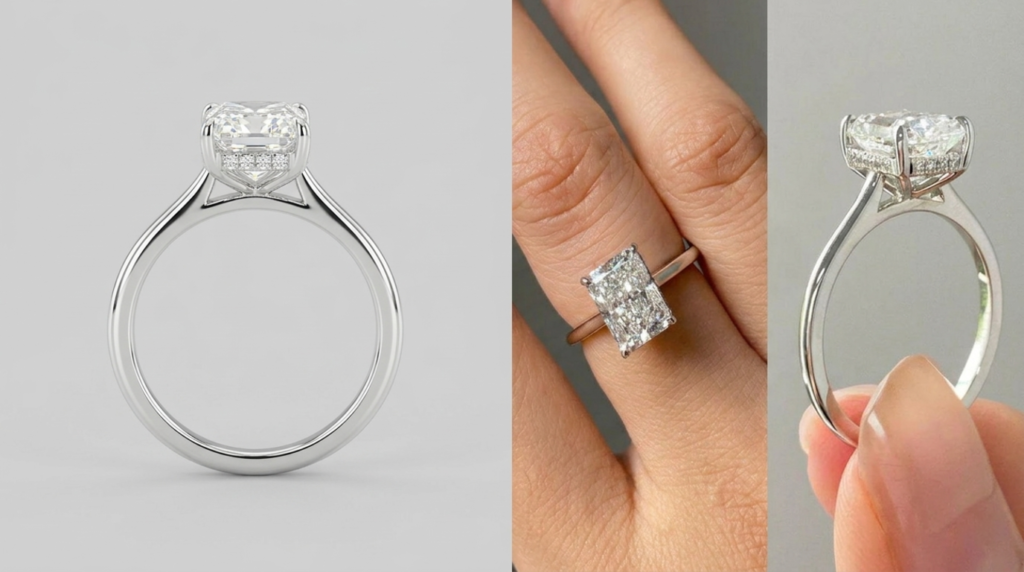 Radiant cut lab grown diamond ring with hidden halo and slim white gold band shown from side and finger views