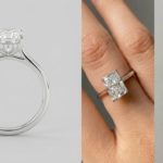 Radiant cut lab grown diamond ring with hidden halo and slim white gold band shown from side and finger views