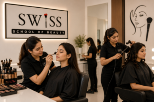 Student learning professional beauty techniques at Swiss School of Beauty India during practical cosmetology training.