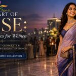The Art of Ease banner featuring a woman in a navy blue and lavender georgette saree with elegant evening fashion typography for the latest sarees for women.